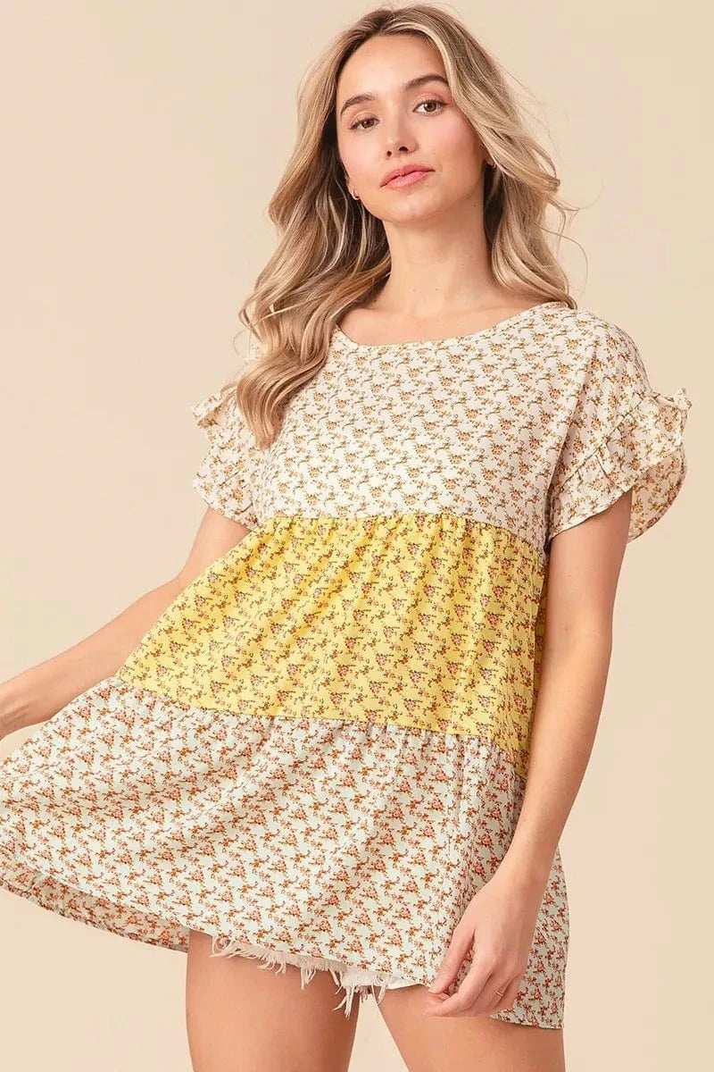 BiBi Flroal Printed Woven Color Block and Tiered Top - Trendsi - Flyclothing LLC