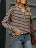Striped Henley T-Shirt with Button Detail - Trendsi - Flyclothing LLC