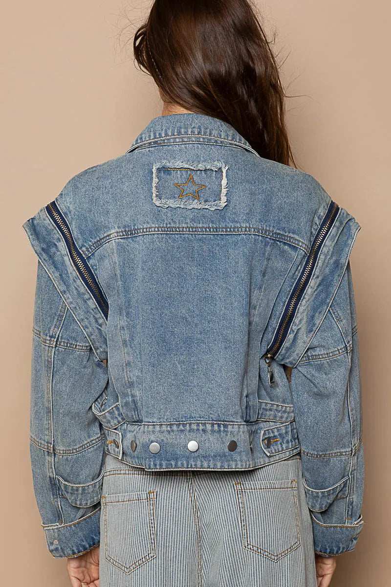 POL Cropped Denim Jacket with Functional Zipper Detail - Trendsi - Flyclothing LLC