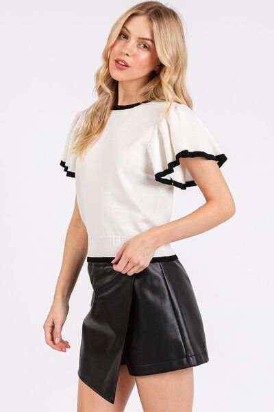 Mittoshop Contrast Trim Ruffled Cap Sleeve Knit Top - Trendsi - Flyclothing LLC