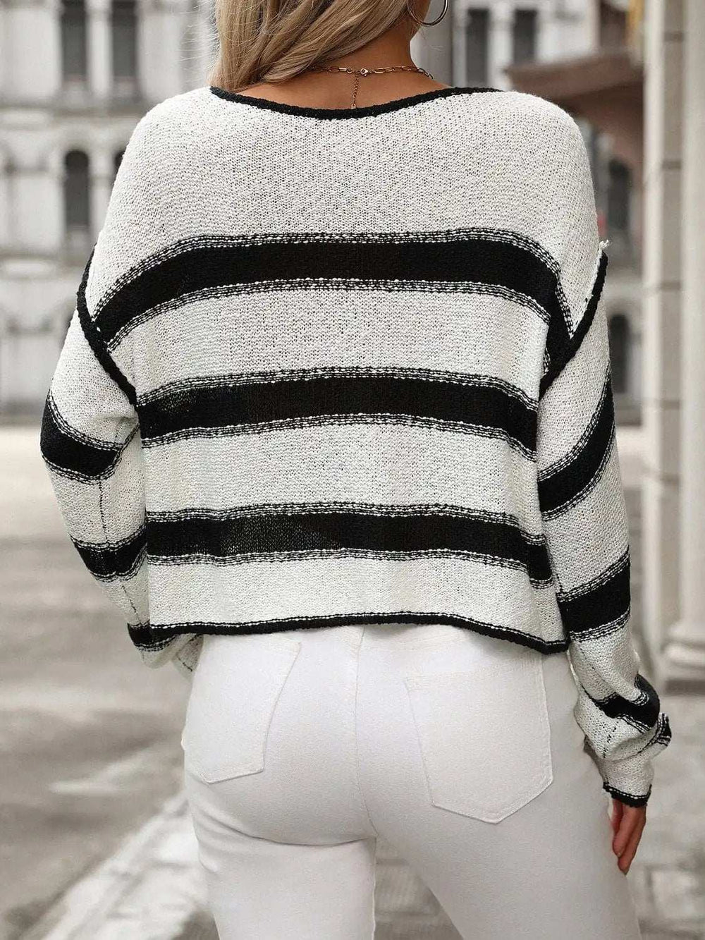 Striped Round Neck Long Sleeve Sweater - Trendsi - Flyclothing LLC