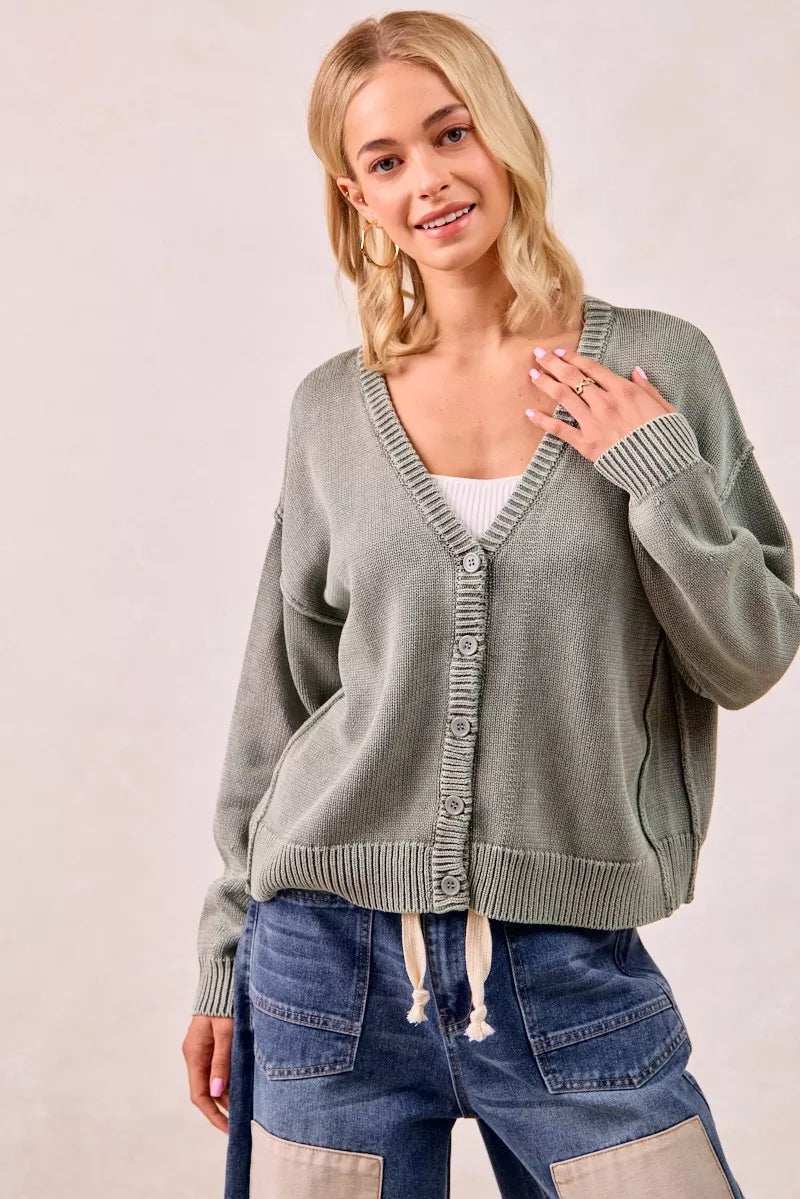 BiBi Washed Sweater V Neck Cardigan - Trendsi - Flyclothing LLC