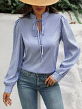Striped Tie Neck Long Sleeve Blouse - Trendsi - Flyclothing LLC