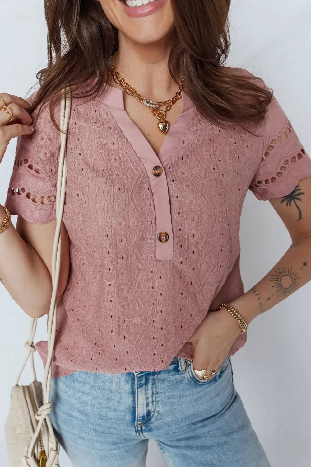 Textured Embroidered Half Buttons Short Sleeve Blouse - Trendsi - Flyclothing LLC
