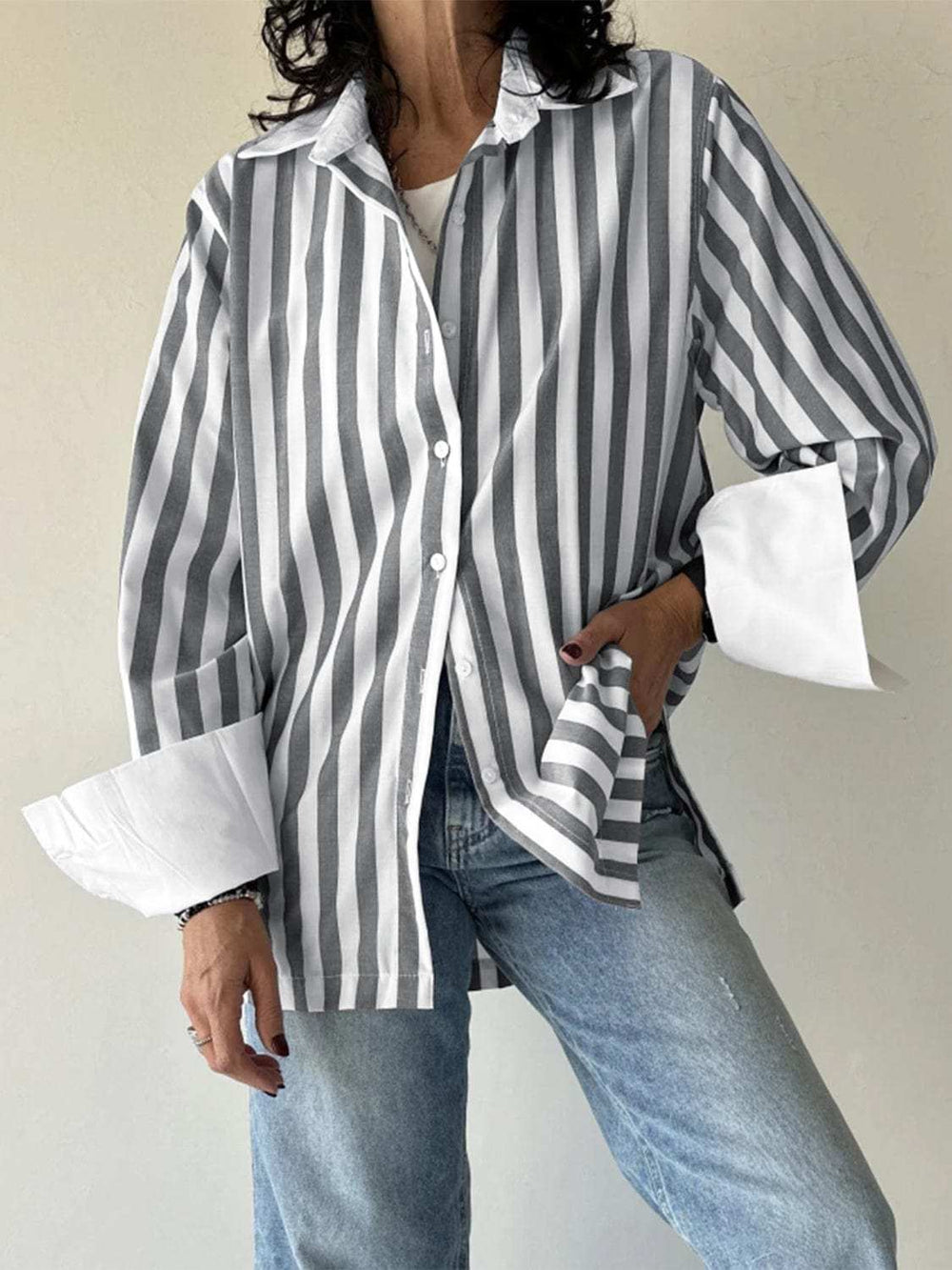 Striped Collared Neck Long Sleeve Shirt - Trendsi - Flyclothing LLC
