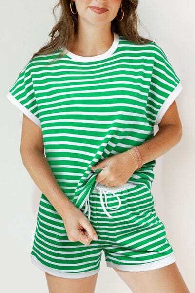 Striped Round Neck Short Sleeve Top and Shorts Set - Trendsi - Flyclothing LLC