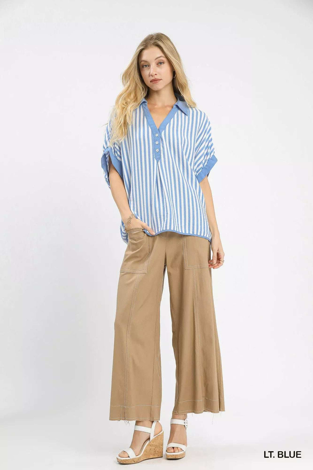 Umgee Stripe Collared Oversized Top - Trendsi - Flyclothing LLC