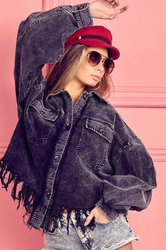 BiBi Fringe Hem Washed Corduroy Button Down Shacket - Trendsi - Flyclothing LLC