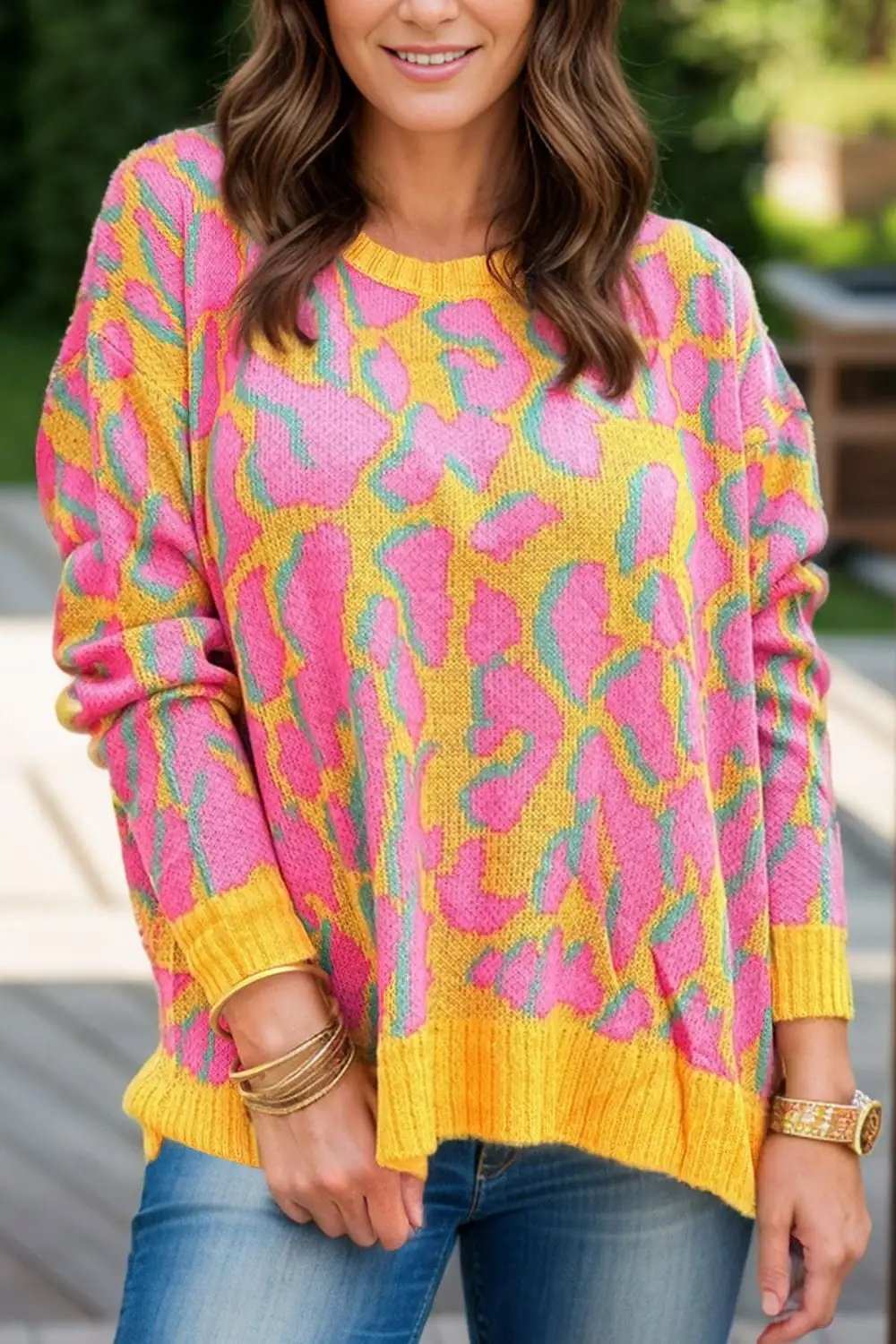 Contrast Round Neck Long Sleeve Sweater - Trendsi - Flyclothing LLC