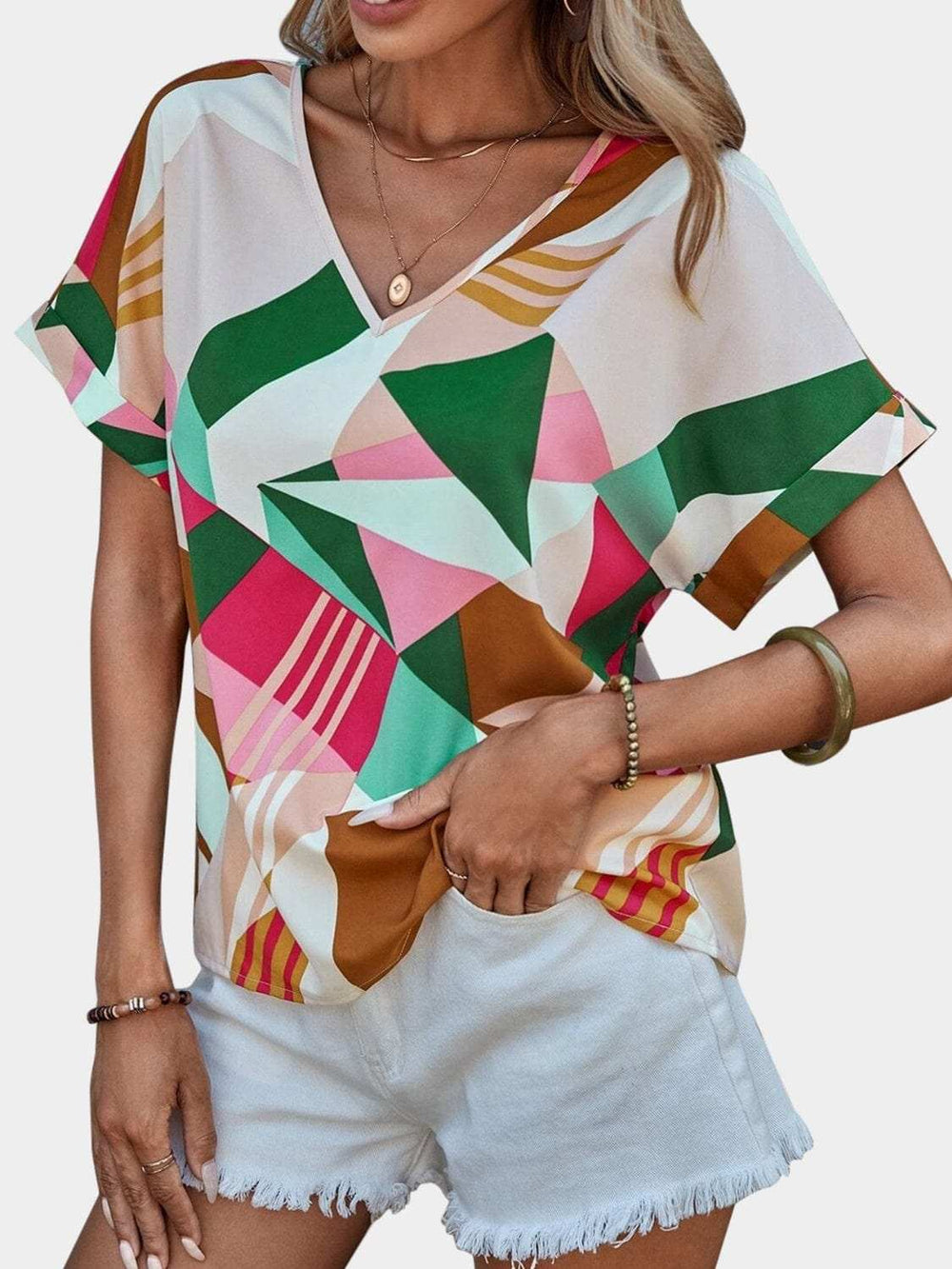 Printed V-Neck Short Sleeve Blouse - Trendsi - Flyclothing LLC