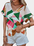 Printed V-Neck Short Sleeve Blouse - Trendsi - Flyclothing LLC