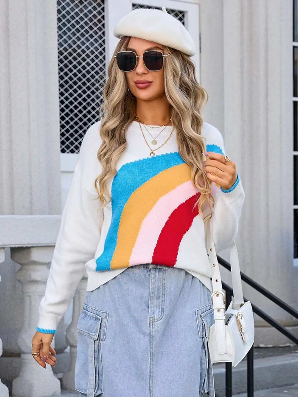Rainbow Round Neck Long Sleeve Sweater - Trendsi - Flyclothing LLC