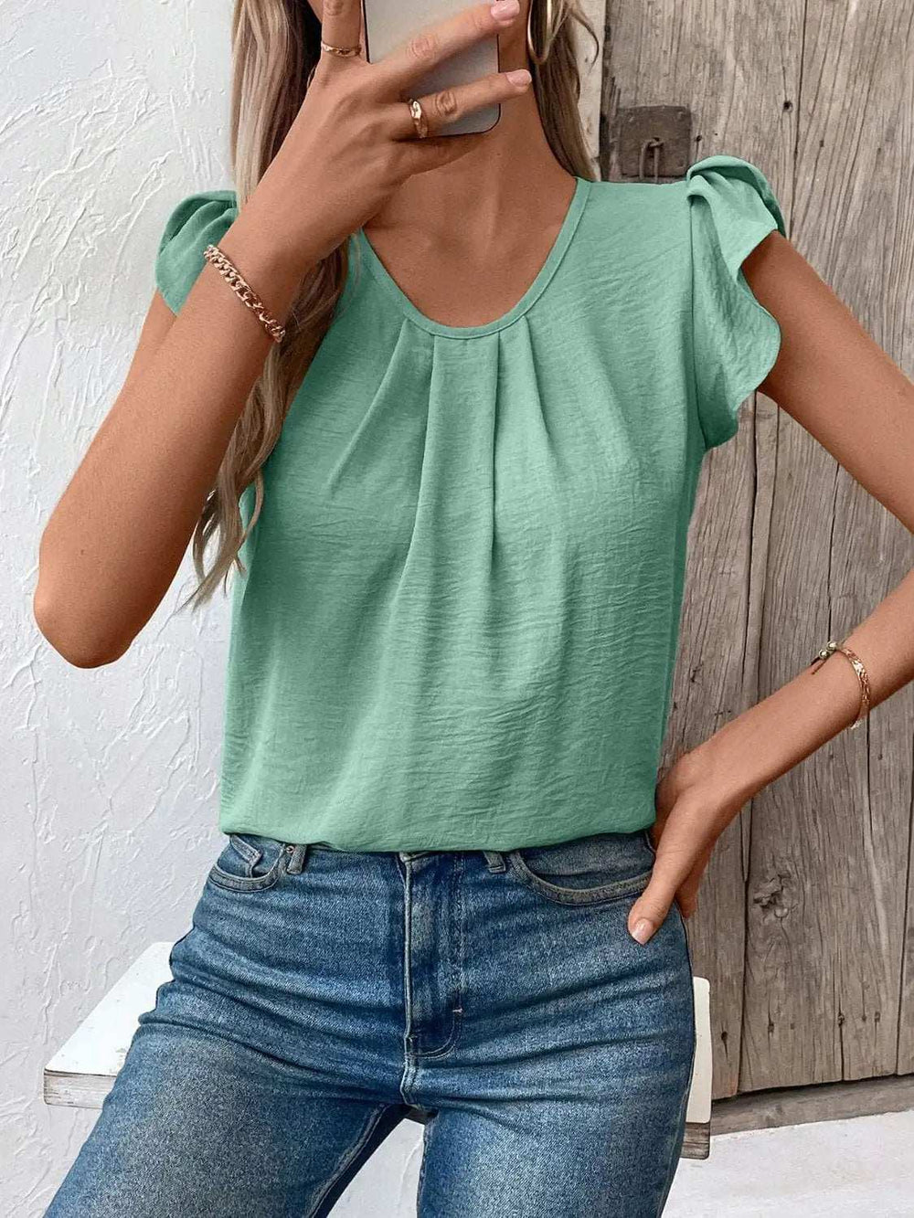 Ruched Round Neck Cap Sleeve Blouse - Trendsi - Flyclothing LLC
