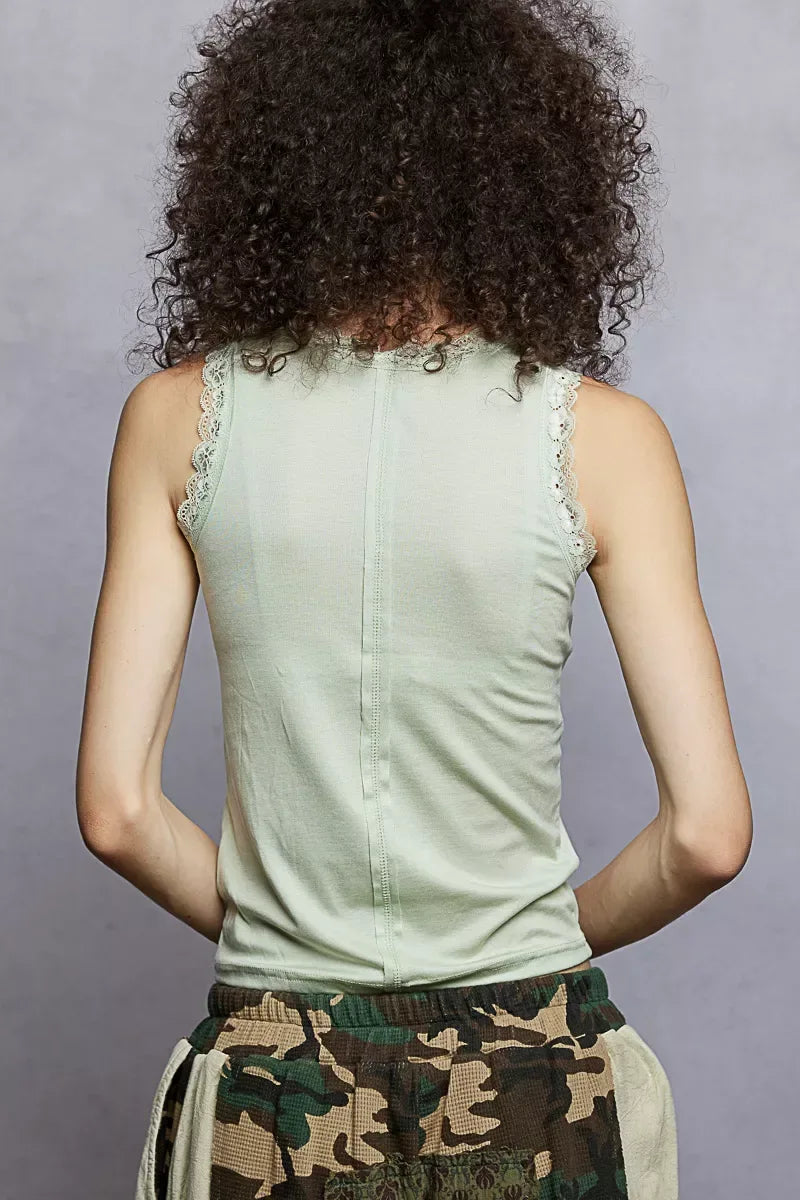 POL Round Neck Cropped Tank with Lace Trim - Trendsi - Flyclothing LLC