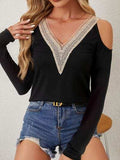 V-Neck Cold Shoulder Long Sleeve T-Shirt - Trendsi - Flyclothing LLC