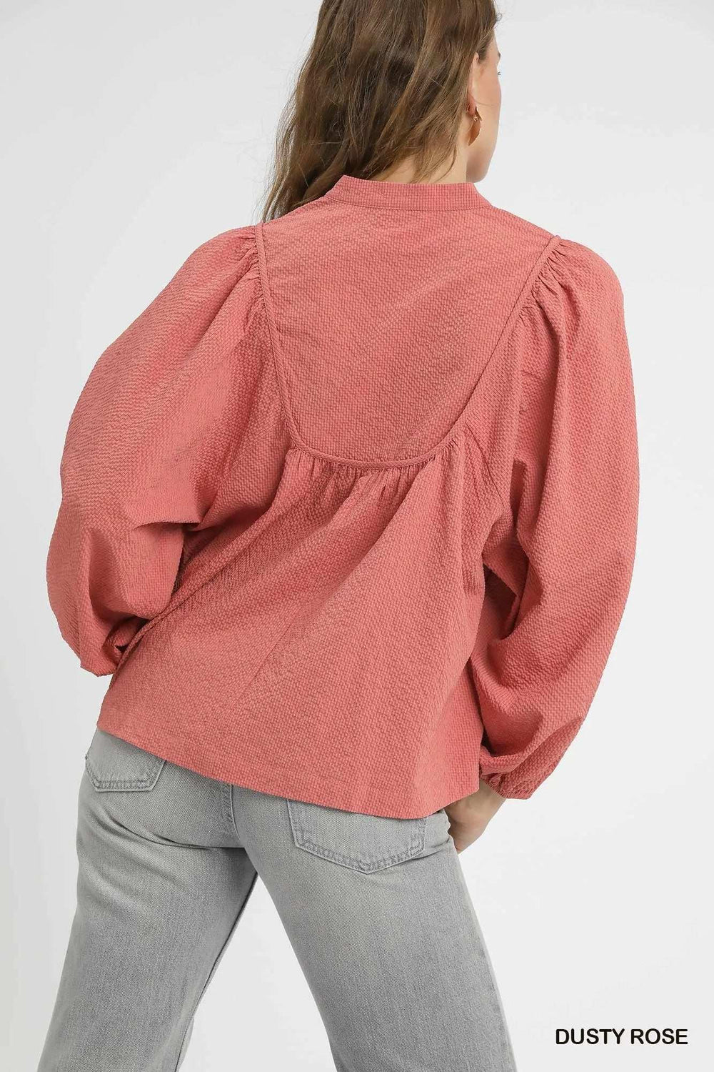 Umgee Textured Notched Blouse with Balloon Sleeves - Trendsi - Flyclothing LLC