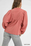 Umgee Textured Notched Blouse with Balloon Sleeves - Trendsi - Flyclothing LLC
