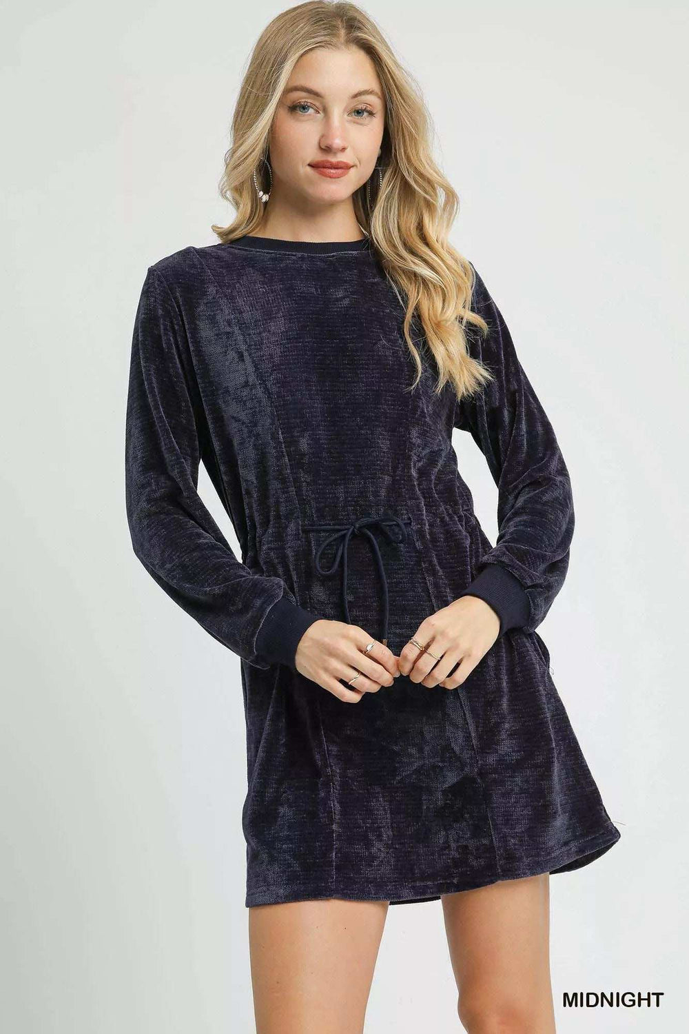 Umgee Velour Drawstring Mini Dress with Long Sleeves - Trendsi - Flyclothing LLC
