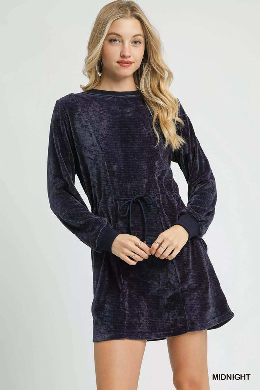 Umgee Velour Drawstring Mini Dress with Long Sleeves - Trendsi - Flyclothing LLC