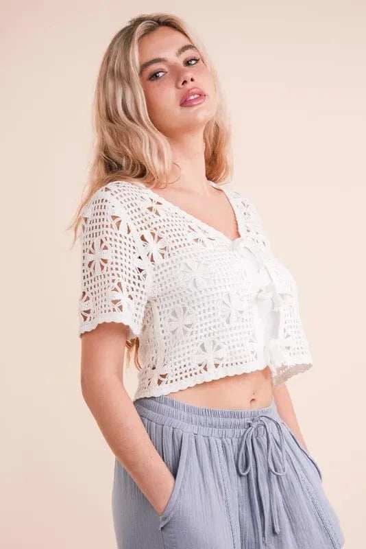 VERY J Front Tie Crochet Crop Top - Trendsi - Flyclothing LLC