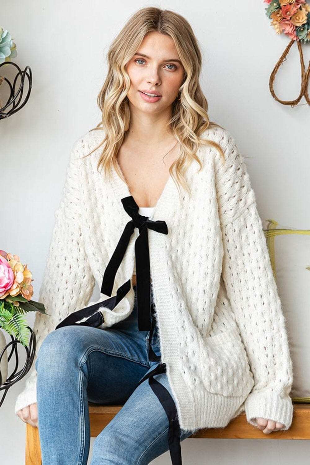 First Love Tie Closure Open Knit Cardigan - Trendsi - Flyclothing LLC