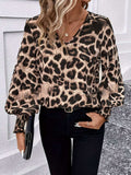 Leopard V-Neck Lantern Sleeve Blouse - Trendsi - Flyclothing LLC