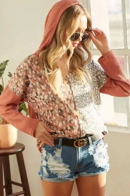 BiBi Popcorn Waffle Knit Hoodie with Print Block Front - Trendsi - Flyclothing LLC