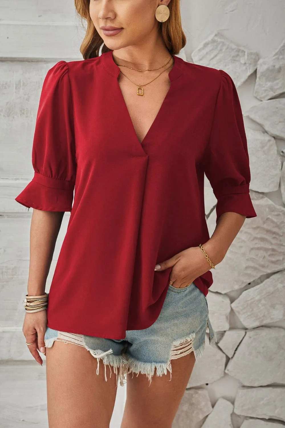 Notched Half Sleeve Blouse - Trendsi - Flyclothing LLC