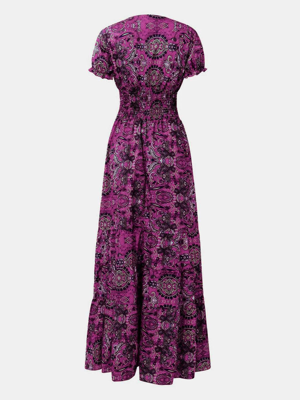 Full Size Smocked Printed V-Neck Short Sleeve Dress - Trendsi - Flyclothing LLC