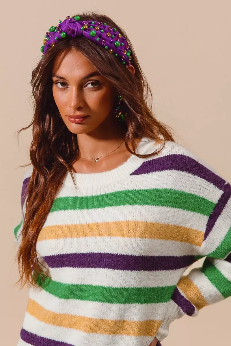 SO ME Mardi Gras Color Stripe Round Neck Sweater Top - Trendsi - Flyclothing LLC