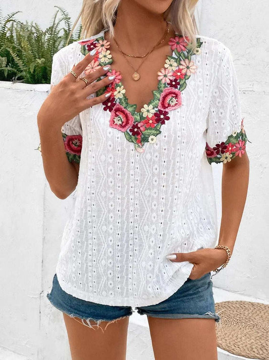 Eyelet Embroidered V-Neck Short Sleeve Blouse - Trendsi - Flyclothing LLC