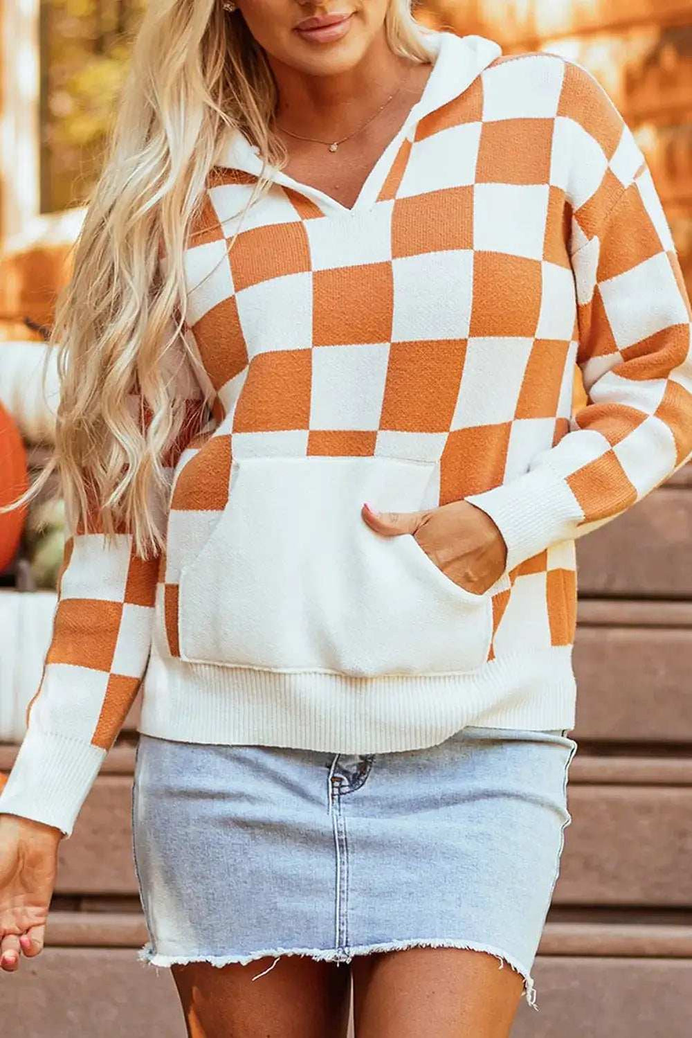 Checkered Long Sleeve Hooded Sweater - Trendsi - Flyclothing LLC