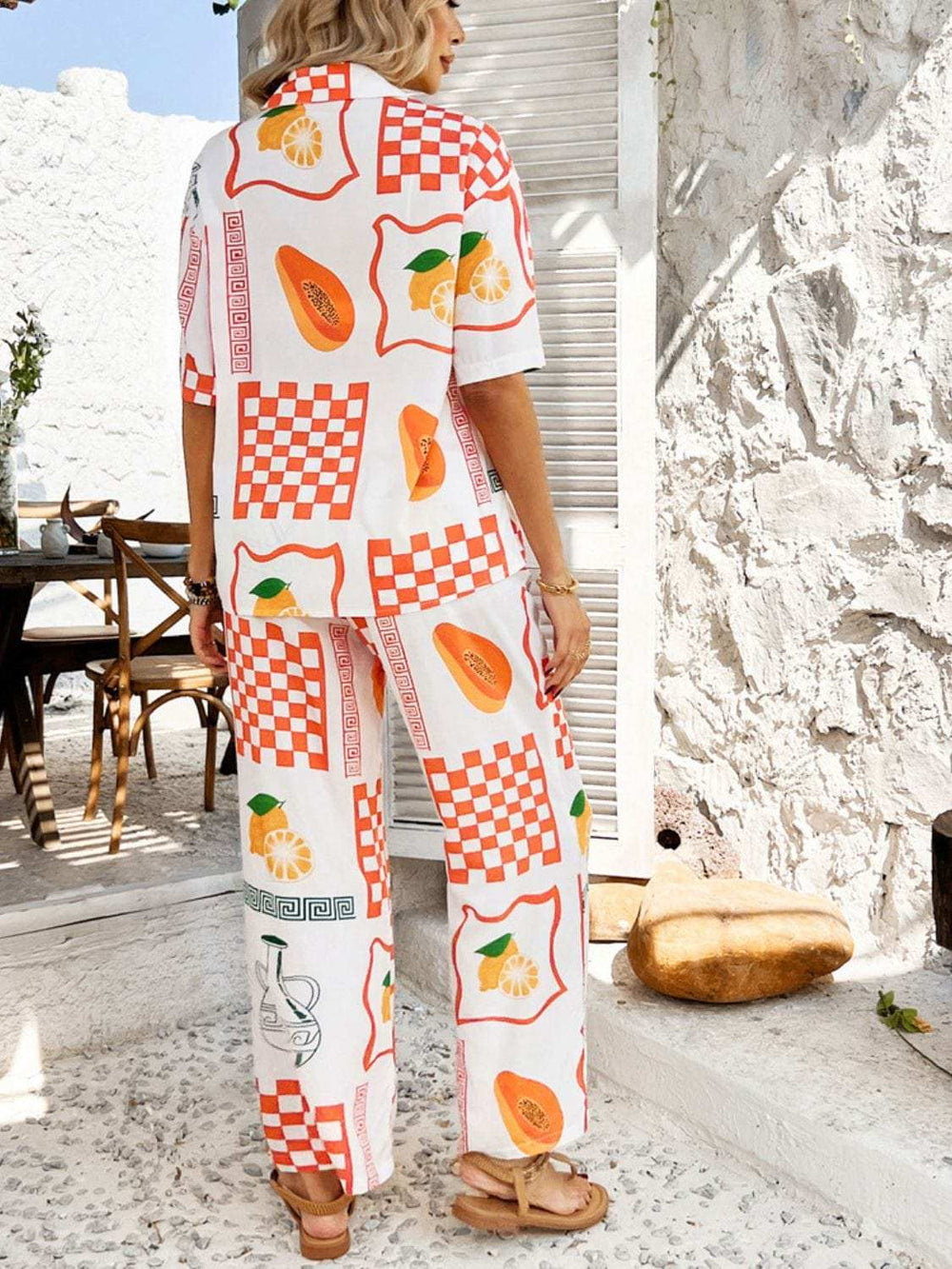 Devine Printed Collared Neck Half Sleeve Top and Pants Set - Trendsi - Flyclothing LLC