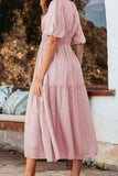 Puff Sleeve Pleated High Waist Flowy Midi Dress - Trendsi - Flyclothing LLC