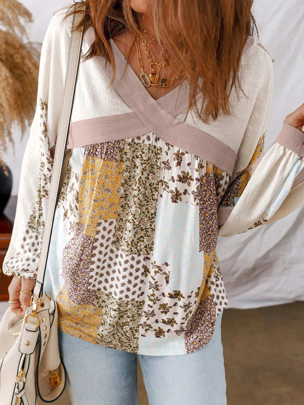 Floral Printed Contrast Patchwork Long Sleeve Top - Trendsi - Flyclothing LLC