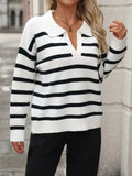 Striped Johnny Collar Long Sleeve Sweater - Trendsi - Flyclothing LLC