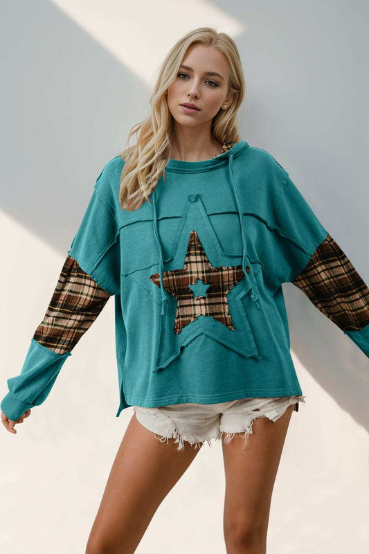Double Take Drawstring Plaid Star Patch Long Sleeve Hoodie - Trendsi - Flyclothing LLC