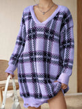 Distressed Plaid V-Neck Long Sleeve Sweater Dress - Trendsi - Flyclothing LLC
