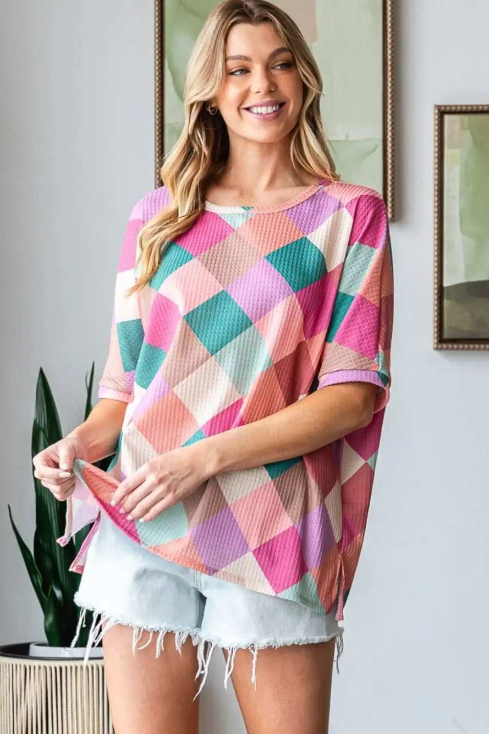 HOPELY Full Size Multi Colored Argyle Side Slit T-Shirt - Trendsi - Flyclothing LLC