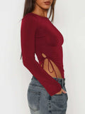 Tied Slit Round Neck Long Sleeve T-Shirt - Trendsi - Flyclothing LLC