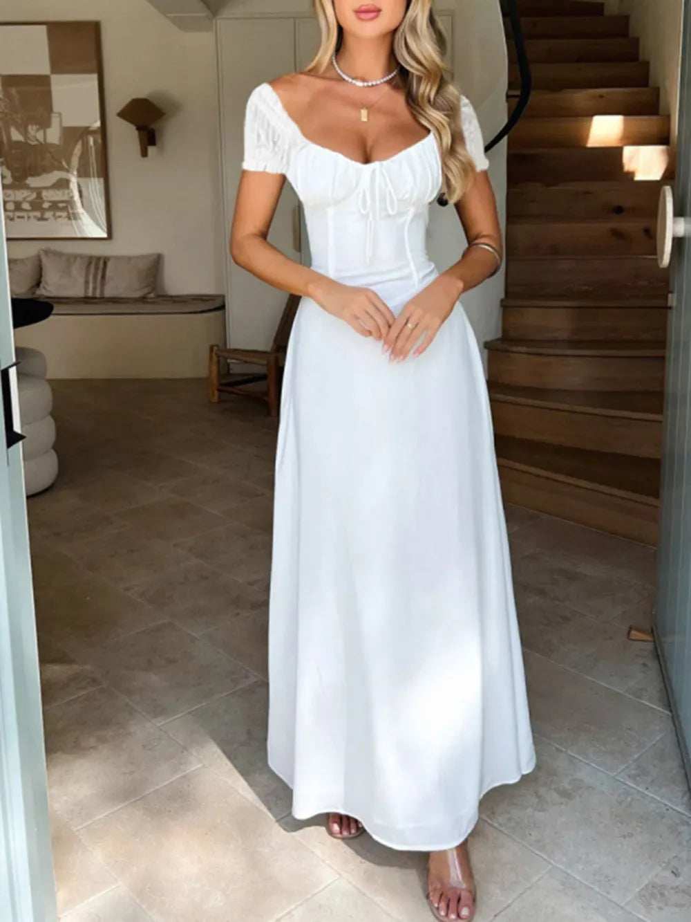 Devine Sweetheart Neck Short Sleeve Maxi Dress - Trendsi - Flyclothing LLC