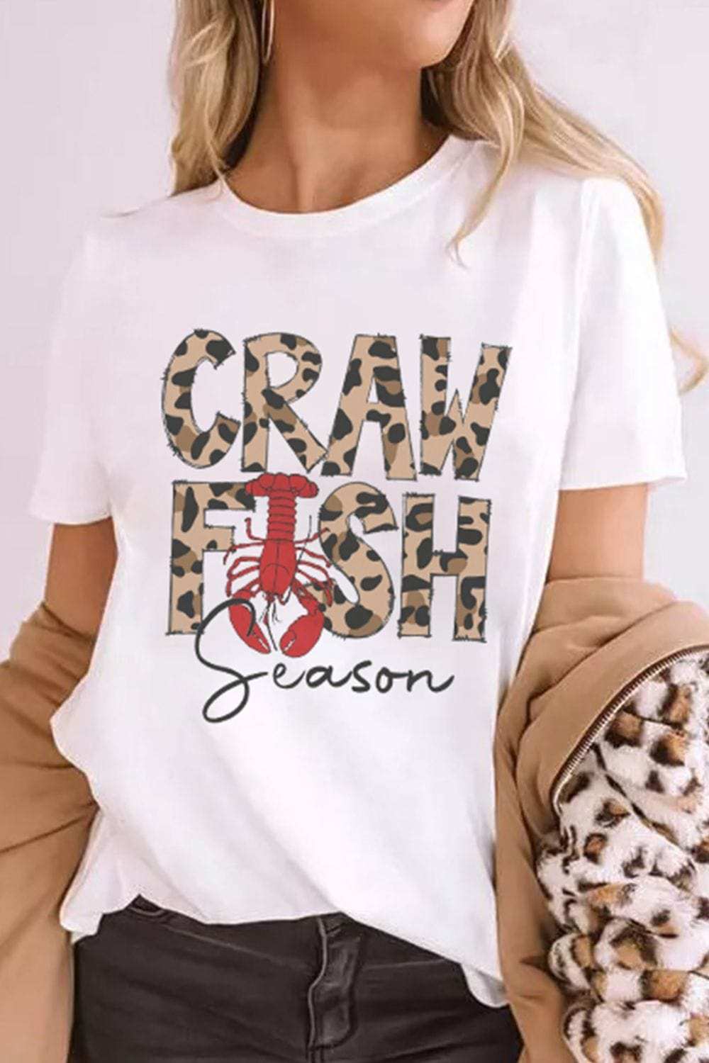 CRAWFISH SEASON Leopard Round Neck Short Sleeve T-Shirt - Trendsi - Flyclothing LLC