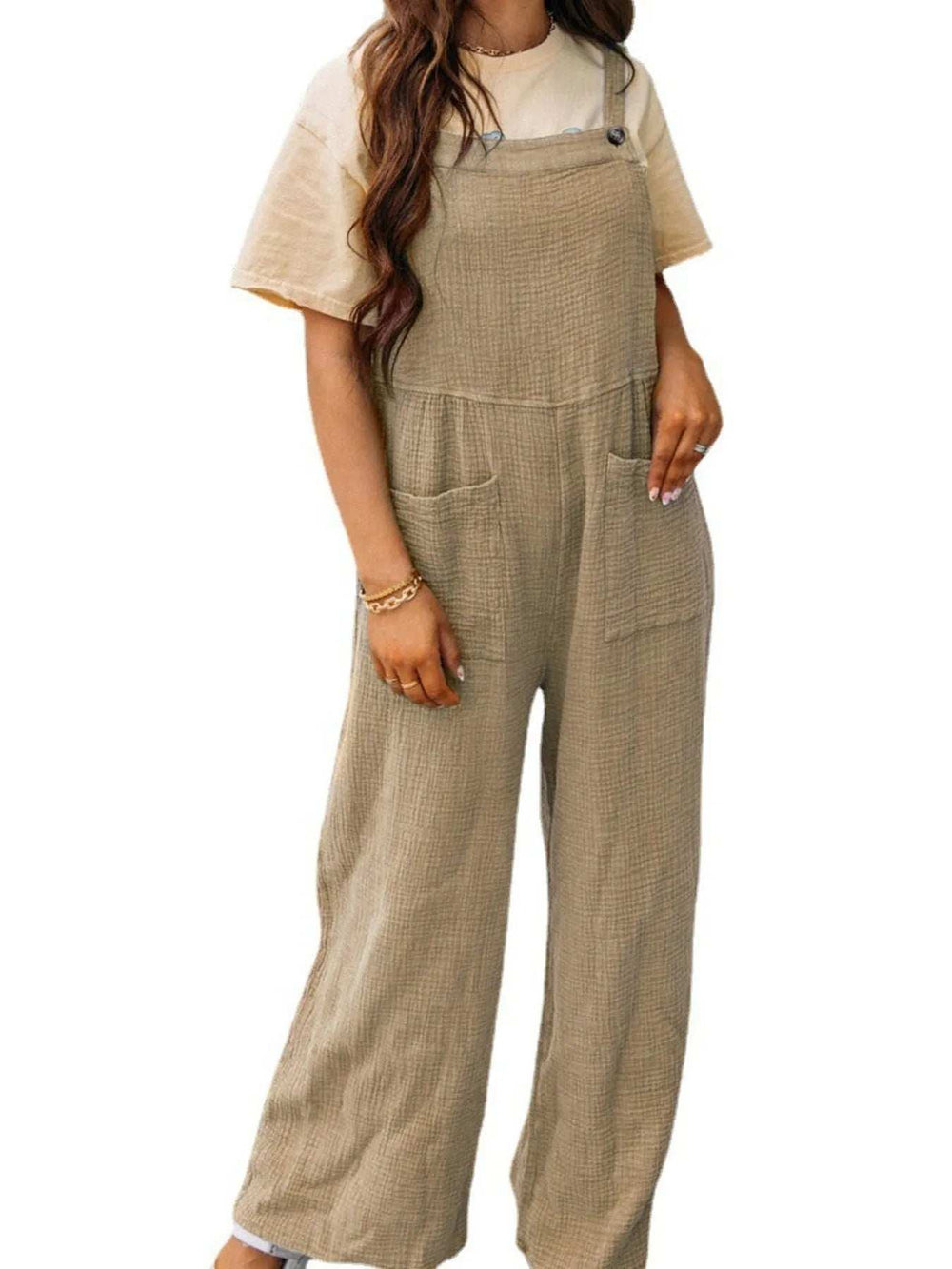Full Size Casual Wide Leg Textured Overalls Plus Size - Trendsi - Flyclothing LLC