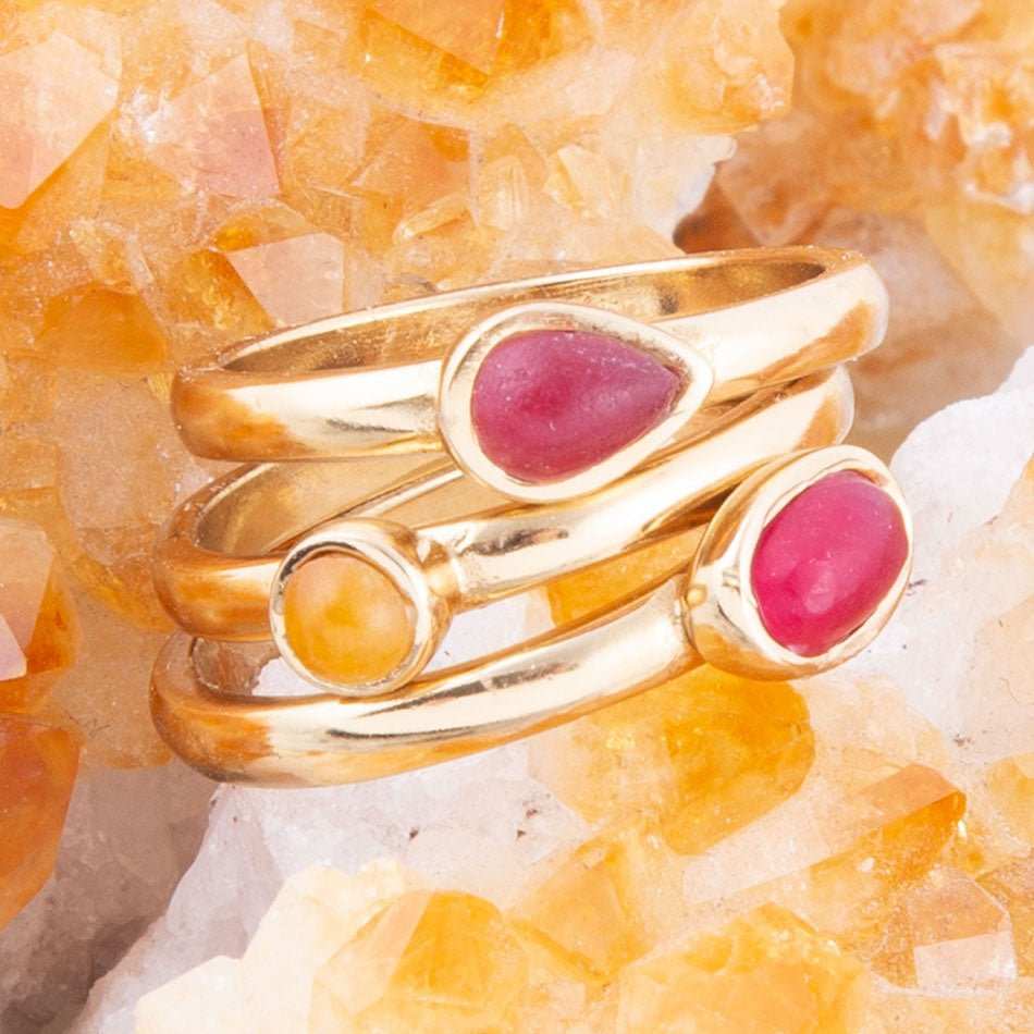 Dainty Stackable Red and Yellow Agate Golden Ring Set - Barse Jewelry - Flyclothing LLC