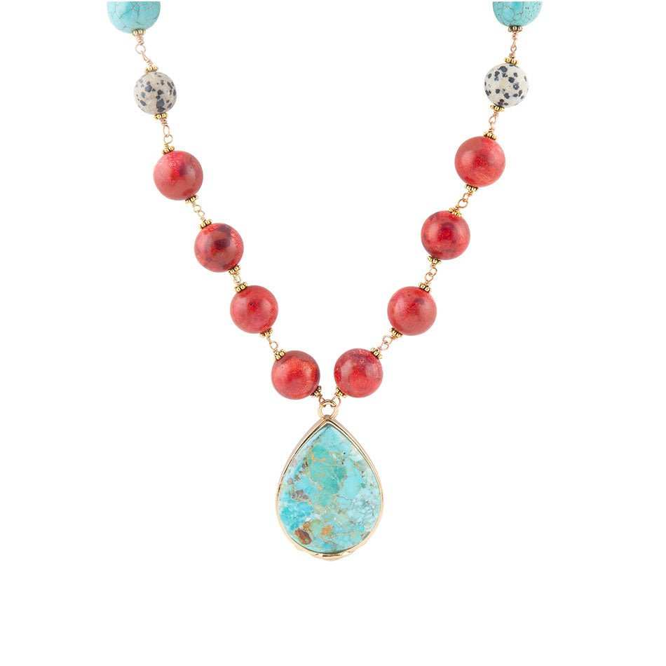 Blue and Red Turquoise Teardrop Golden Necklace - Barse Jewelry - Flyclothing LLC