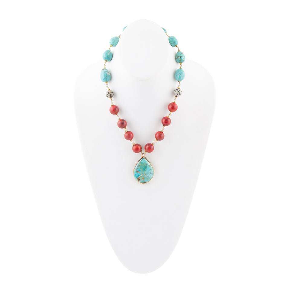Blue and Red Turquoise Teardrop Golden Necklace - Barse Jewelry - Flyclothing LLC