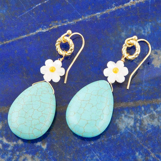 Dani Blue Turquoise Magnesite Flower Golden Drop Earrings - Barse Jewelry - Flyclothing LLC