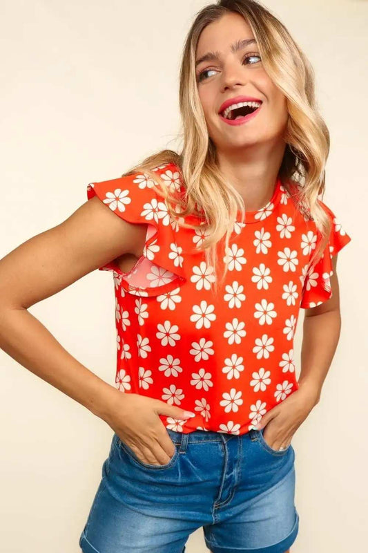 Haptics Round Neck Ruffled Floral Contrast Knit Top - Trendsi - Flyclothing LLC