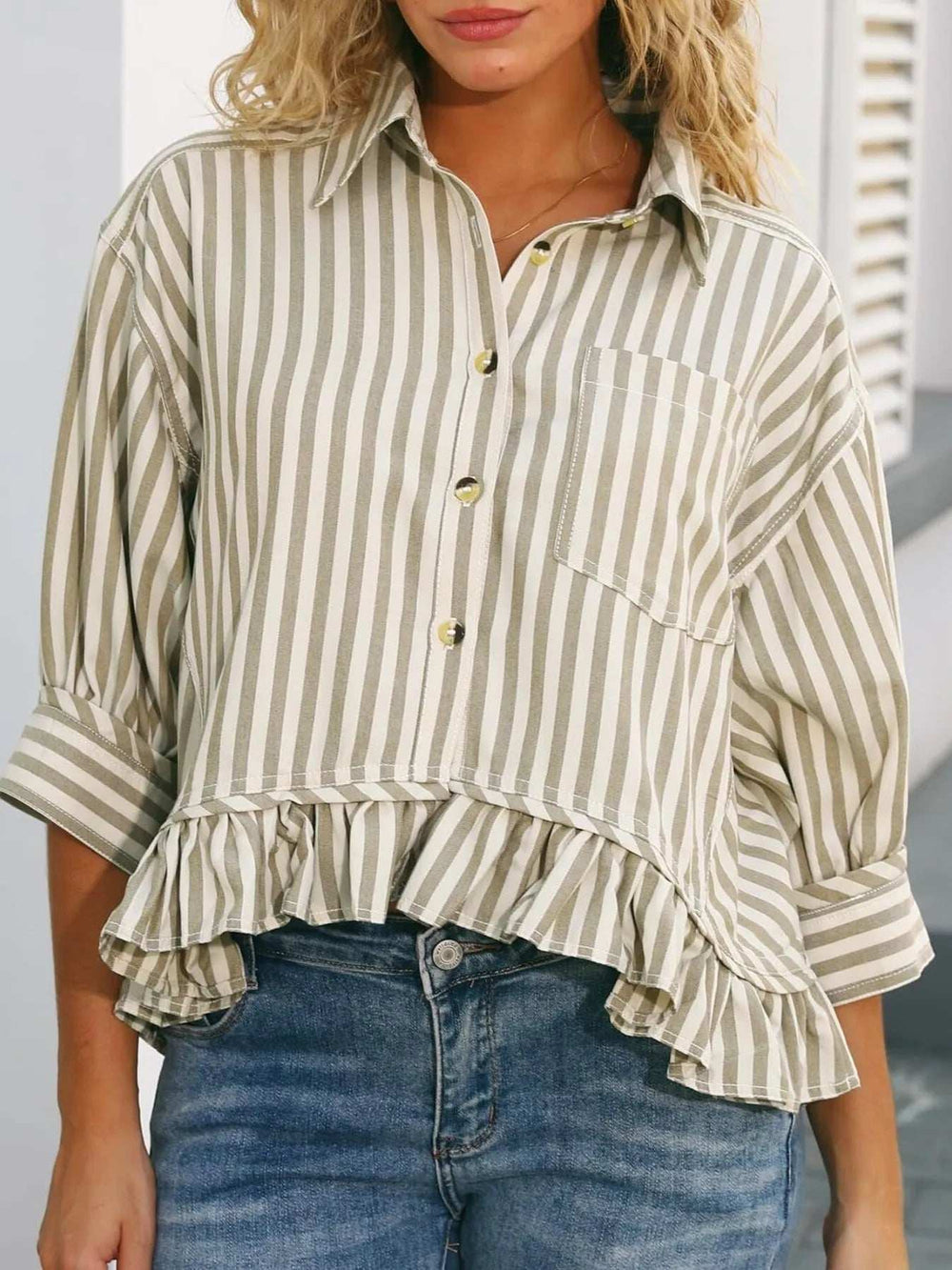 Striped Ruffle Hem Button-Up Shirt - Trendsi - Flyclothing LLC