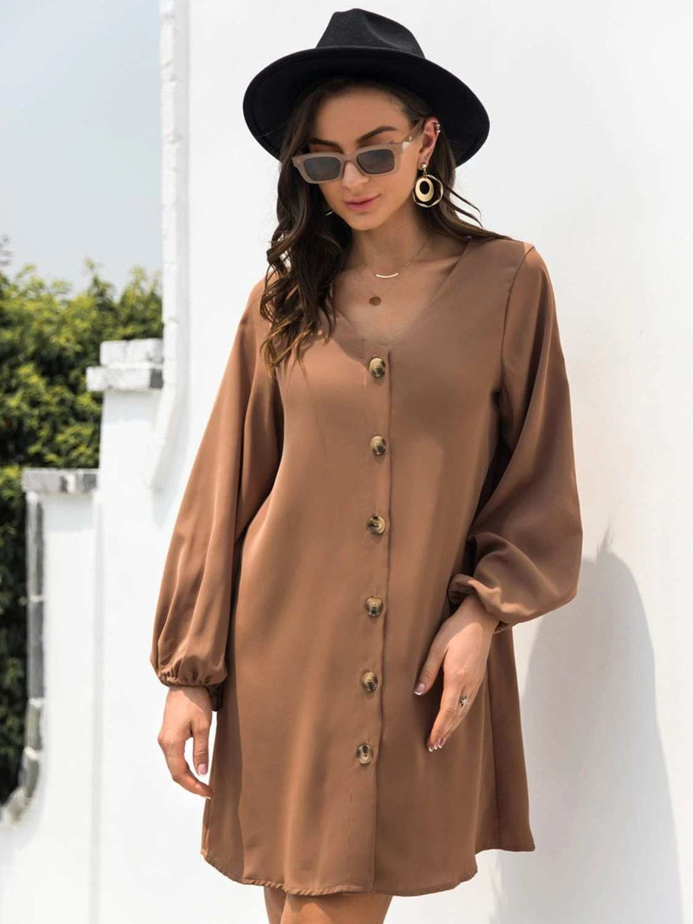V-Neck Long Sleeve Mini Dress - Trendsi - Flyclothing LLC